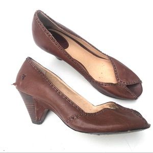 FRYE leather Maya stud peep heel shoes 8.5 brown